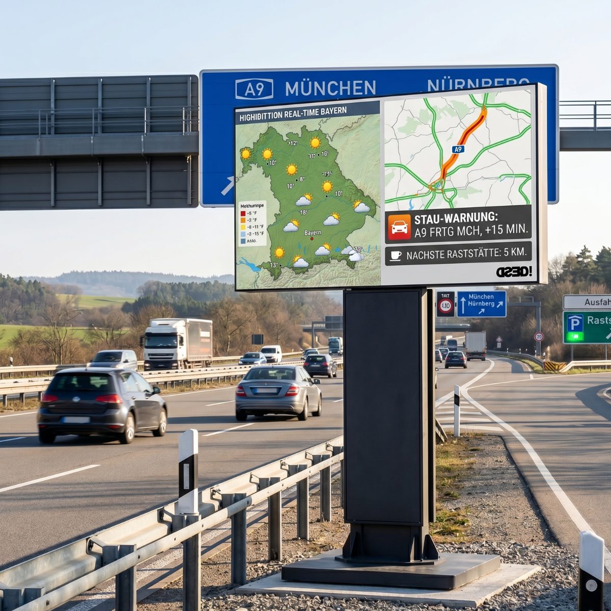 LED Werbetafel an der Autobahn A9 Richtung M&uuml;nchen mit Verkehrsinformation und Stauwarnung