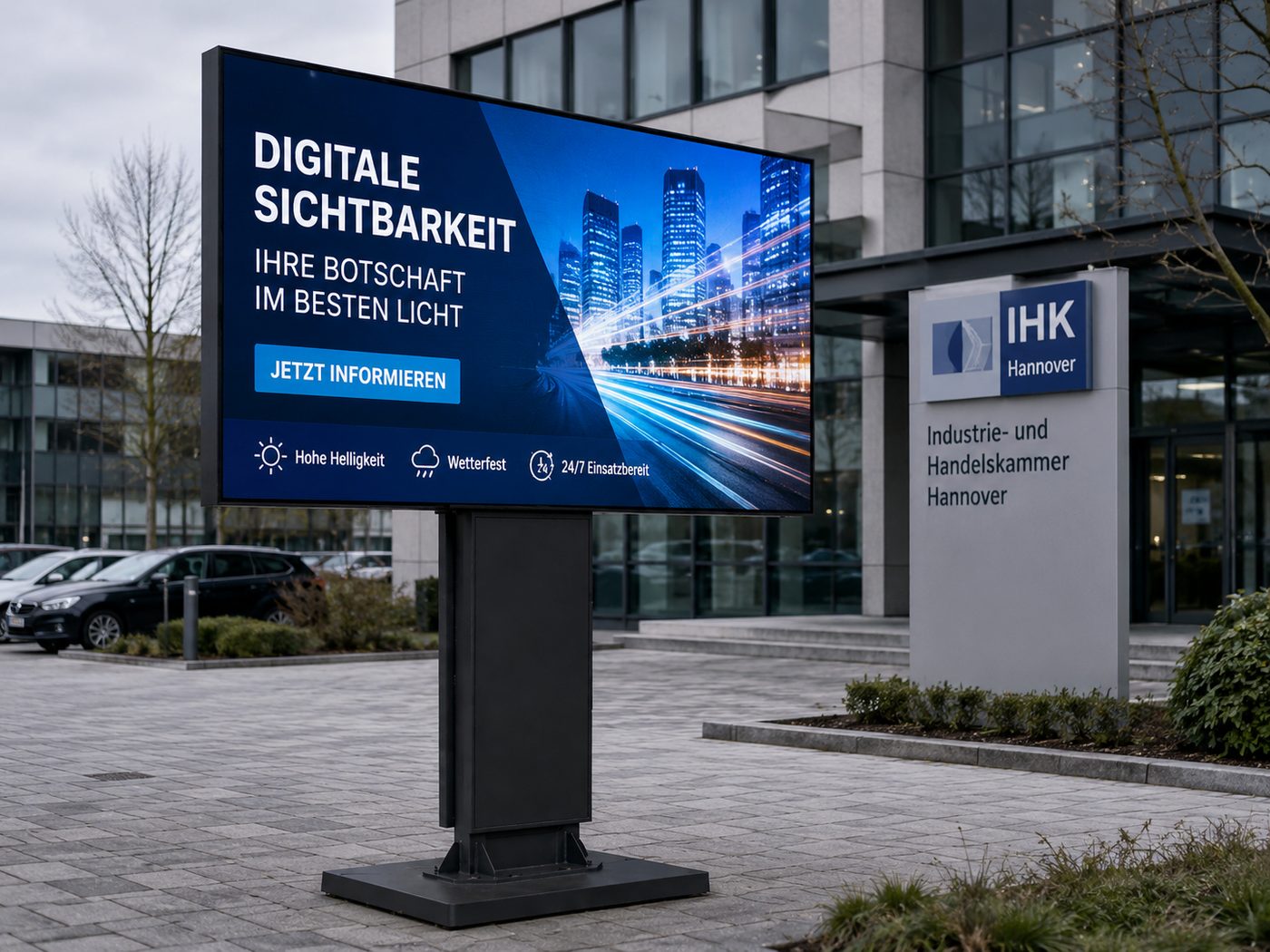 LED Werbetafel vor dem B&uuml;rogeb&auml;ude der Industrie- und Handelskammer Hannover