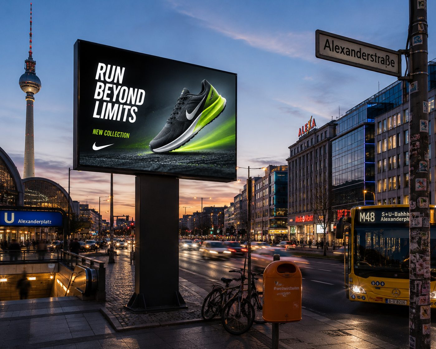 LED Werbetafel am Alexanderplatz in Berlin bei D&auml;mmerung mit Sportartikel-Werbung