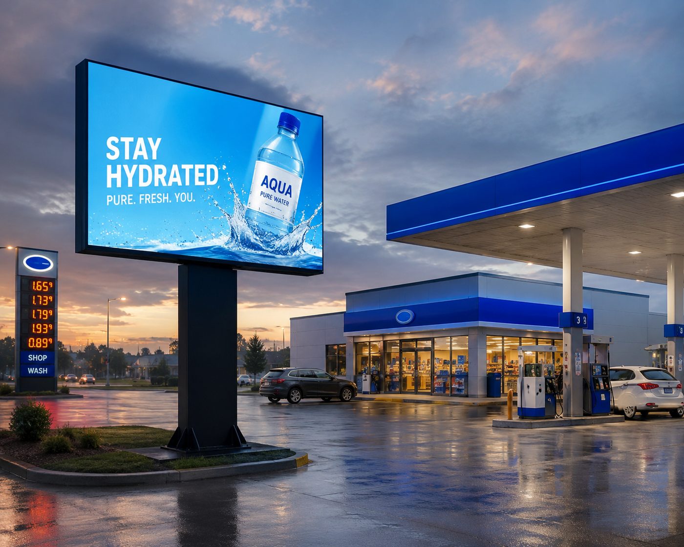LED Werbetafel auf dem Gel&auml;nde einer Tankstelle, Getr&auml;nkewerbung bei Regenwetter