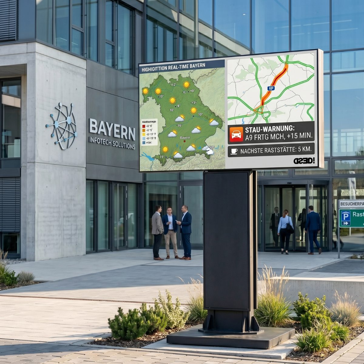 LED Werbetafel als Informationstafel vor einem Verwaltungsgeb&auml;ude mit Echtzeit-Verkehrskarte