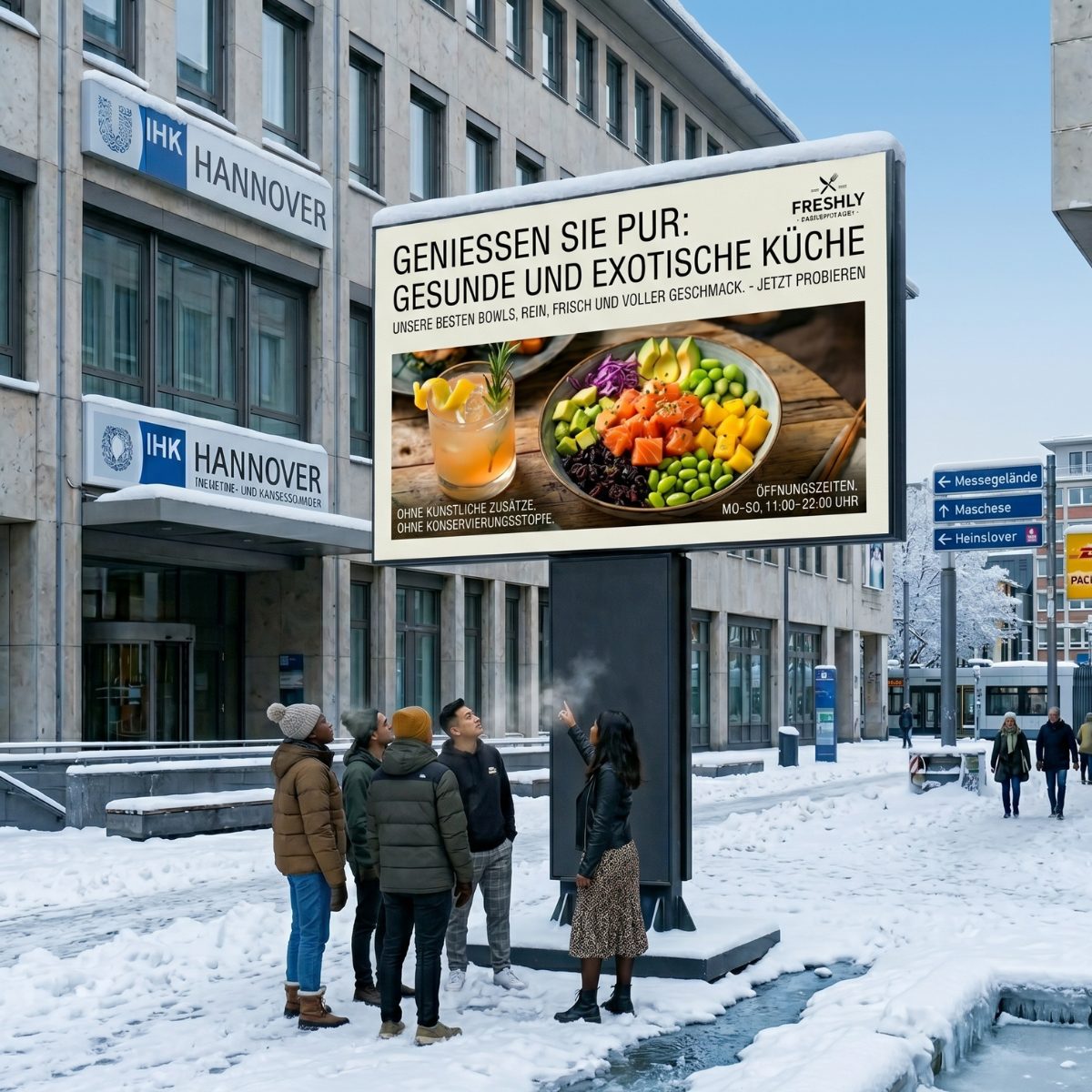 LED Werbetafel im Winter vor einem B&uuml;rogeb&auml;ude, Passanten davor, Gastronomie-Werbung